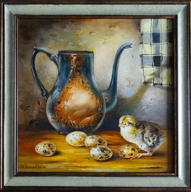 Still life with quail and metal jug - painting by Kostadinka Izmerlievа