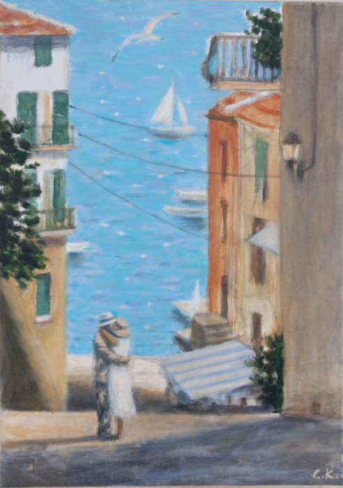 On an alley going down to the sea - a painting by Svetla Koseva