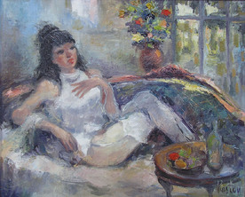 On the sofa - oil painting by Krum Kostov