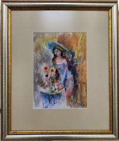 Girl with flowers - watercolor by Krum Kostov