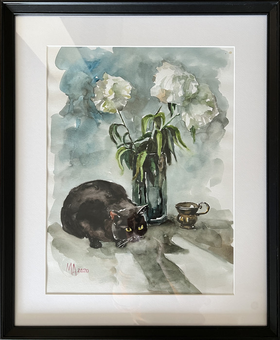 Черна котка с хризантеми - картина на Мария Аврамова