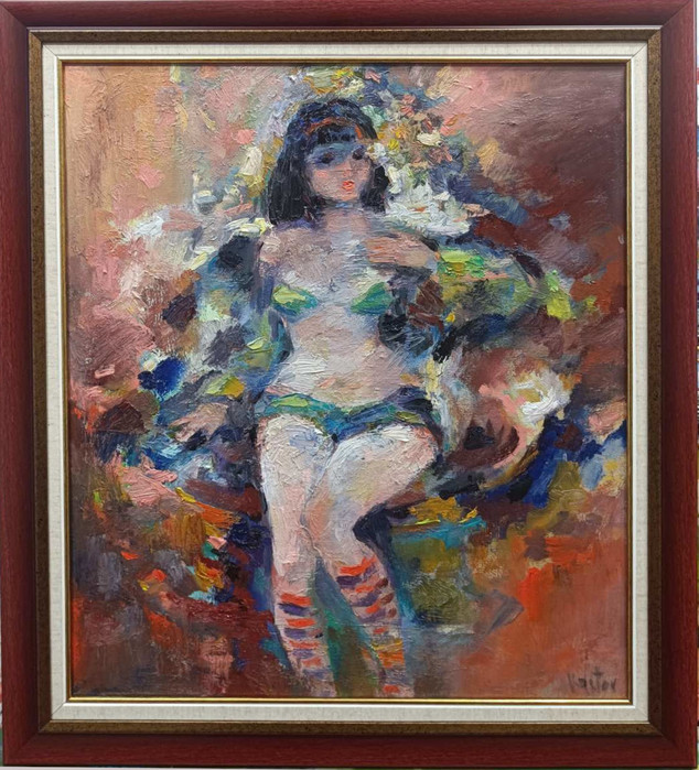 Момиче с шарени чорапи  - картина на Крум Костов