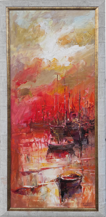 Boats in red - a painting by Yuri Kovachev
